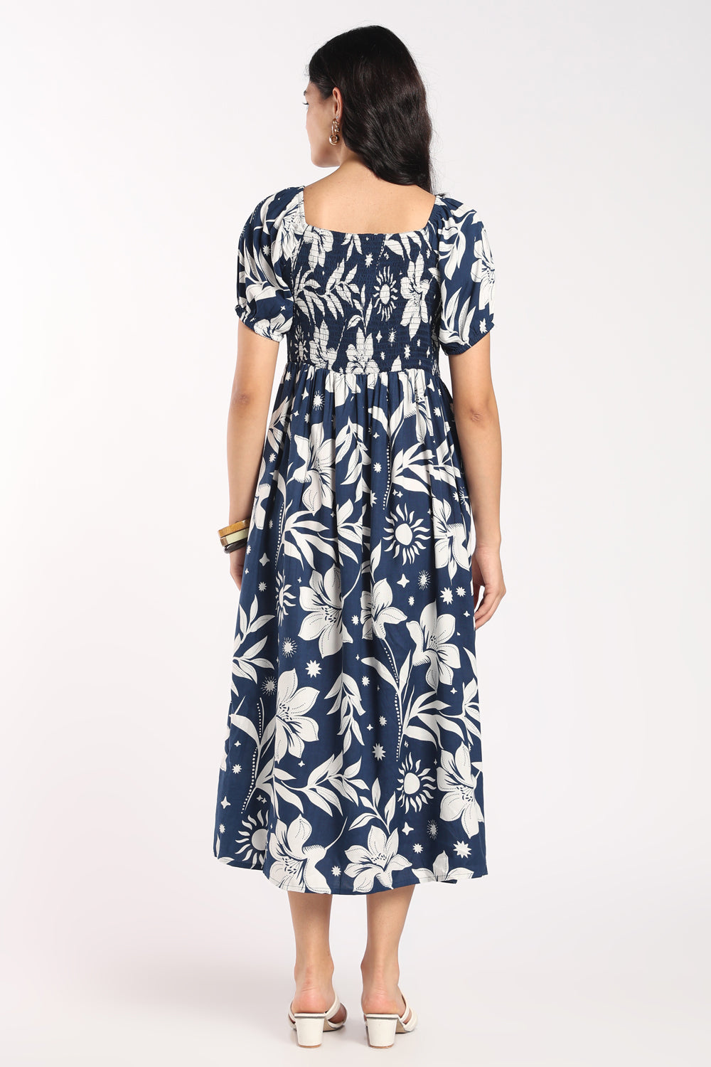 Womens Flared Navy Floral Knot Dress - Image 5