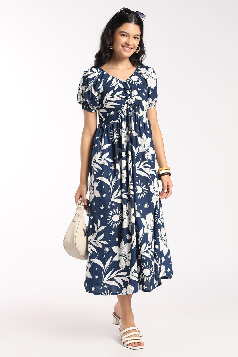 Womens Flared Navy Floral Knot Dress - Image 6
