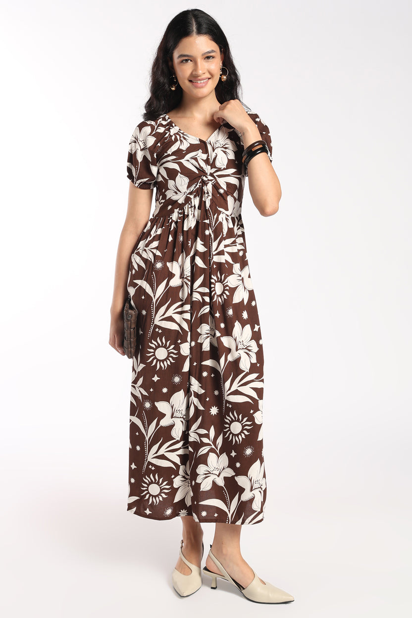 Womens Flared Brown Floral Knot Dress - Image 1