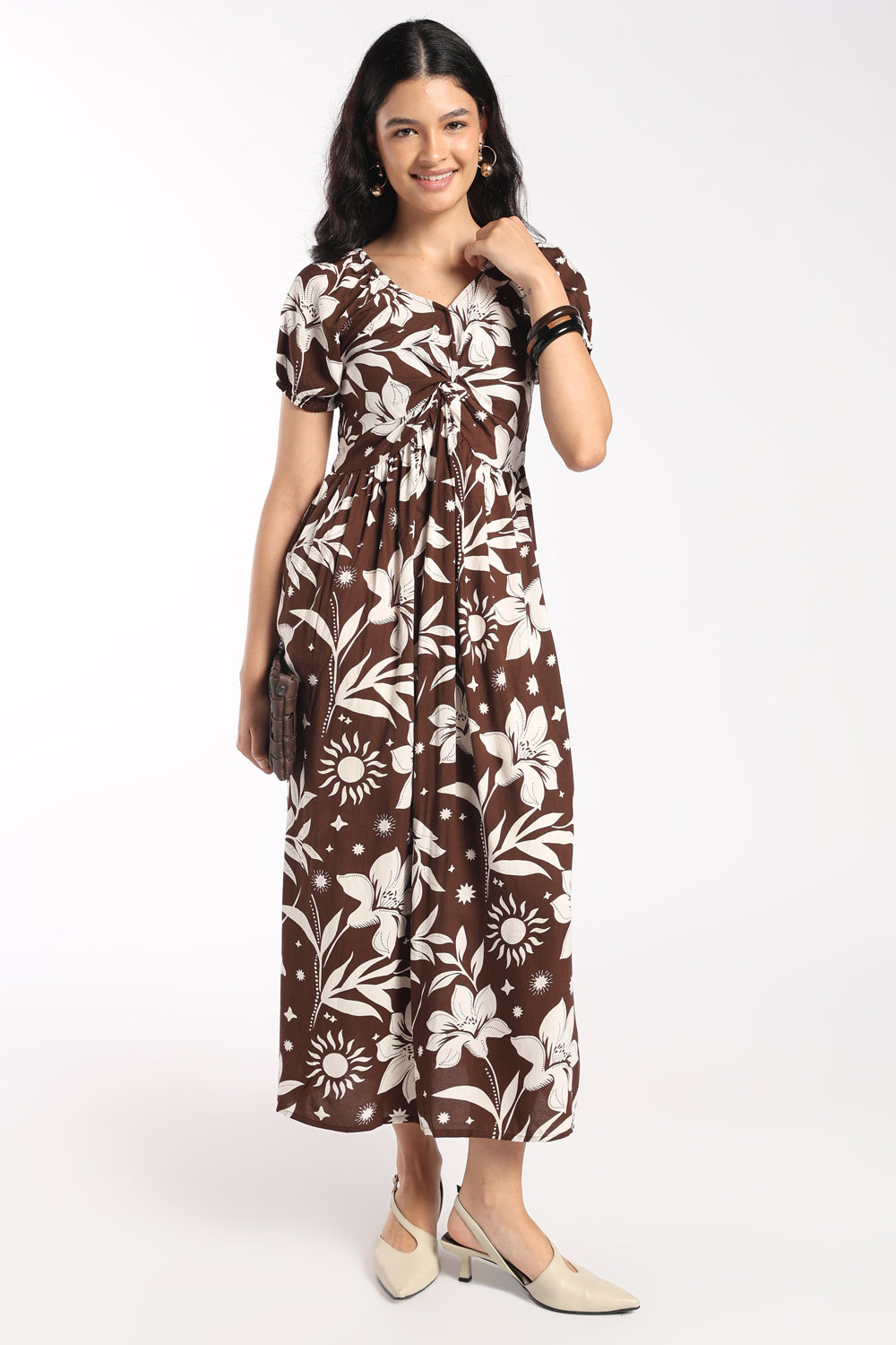 Womens Flared Brown Floral Knot Dress - Image 1