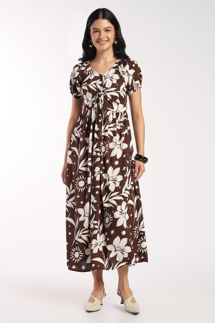 Womens Flared Brown Floral Knot Dress - Image 2