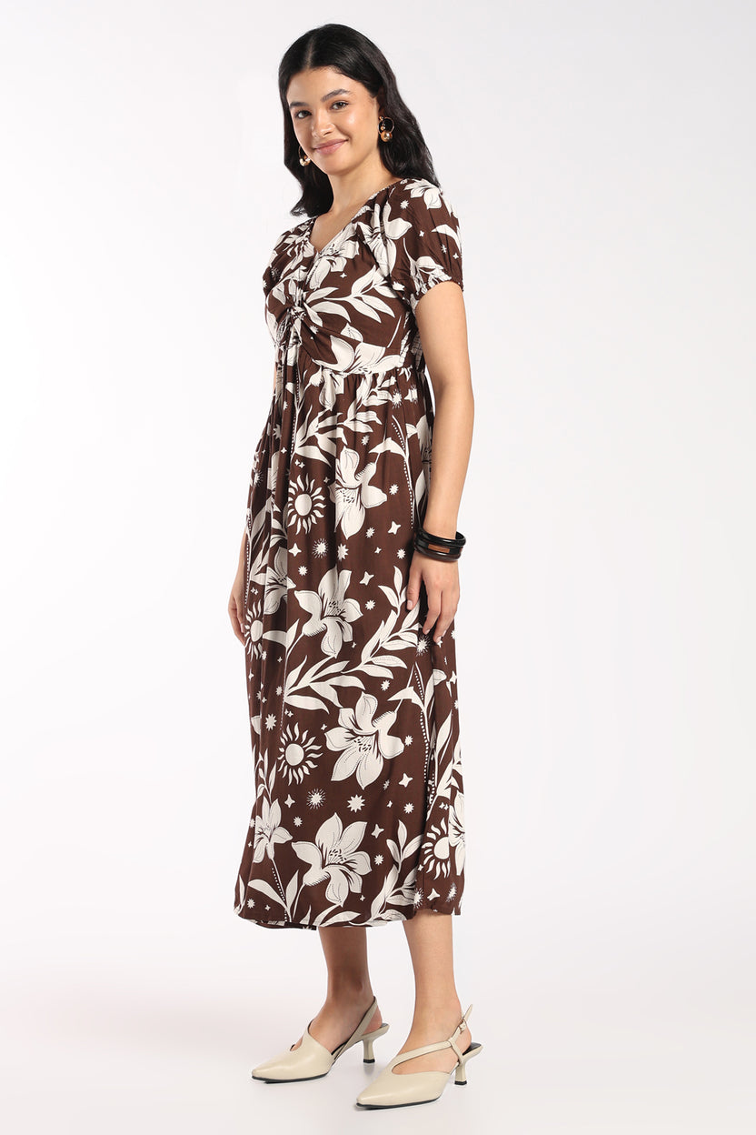 Womens Flared Brown Floral Knot Dress - Image 4