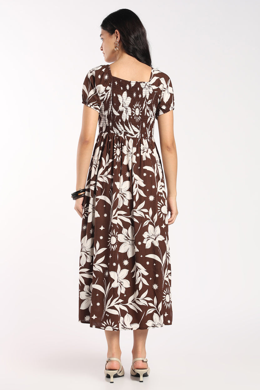 Womens Flared Brown Floral Knot Dress - Image 5