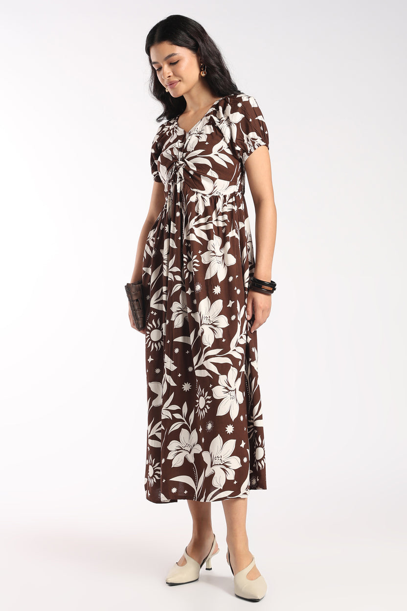 Womens Flared Brown Floral Knot Dress - Image 6