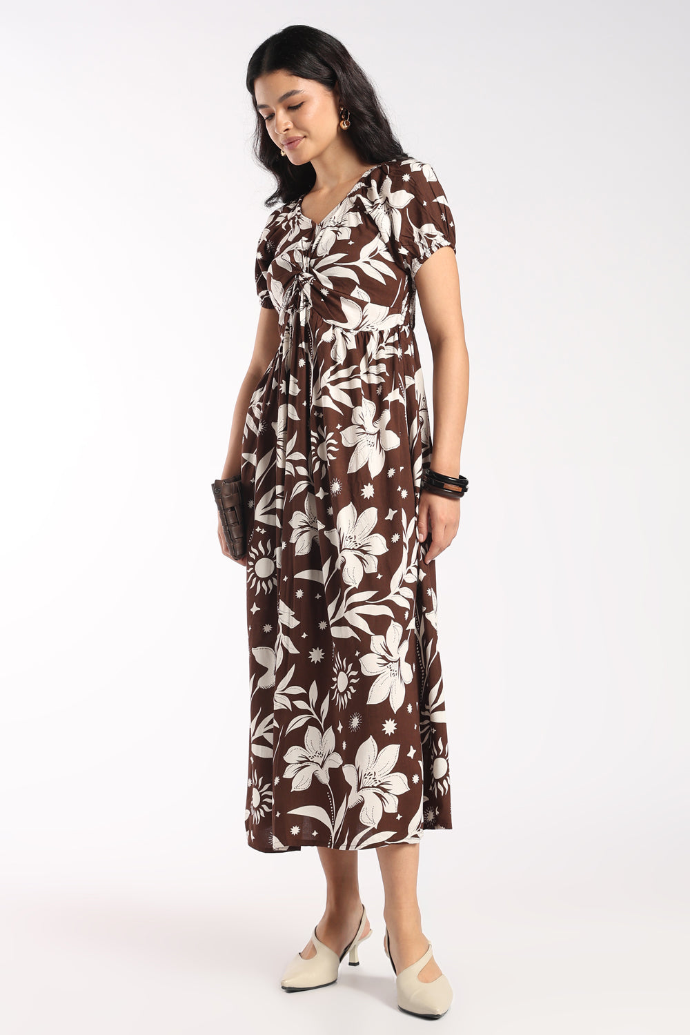 Womens Flared Brown Floral Knot Dress - Image 6