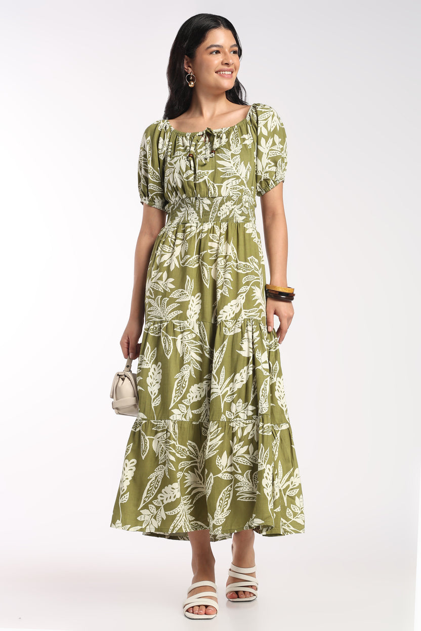 Womens Flared Olive Floral Tiered Dress - Image 1