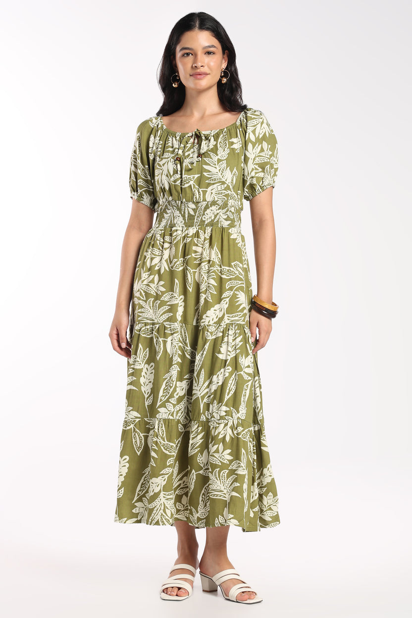 Womens Flared Olive Floral Tiered Dress - Image 2