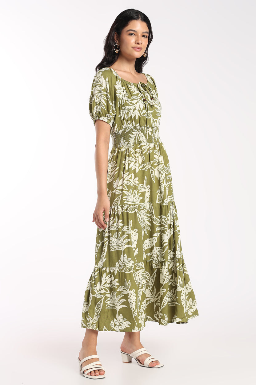 Womens Flared Olive Floral Tiered Dress - Image 4