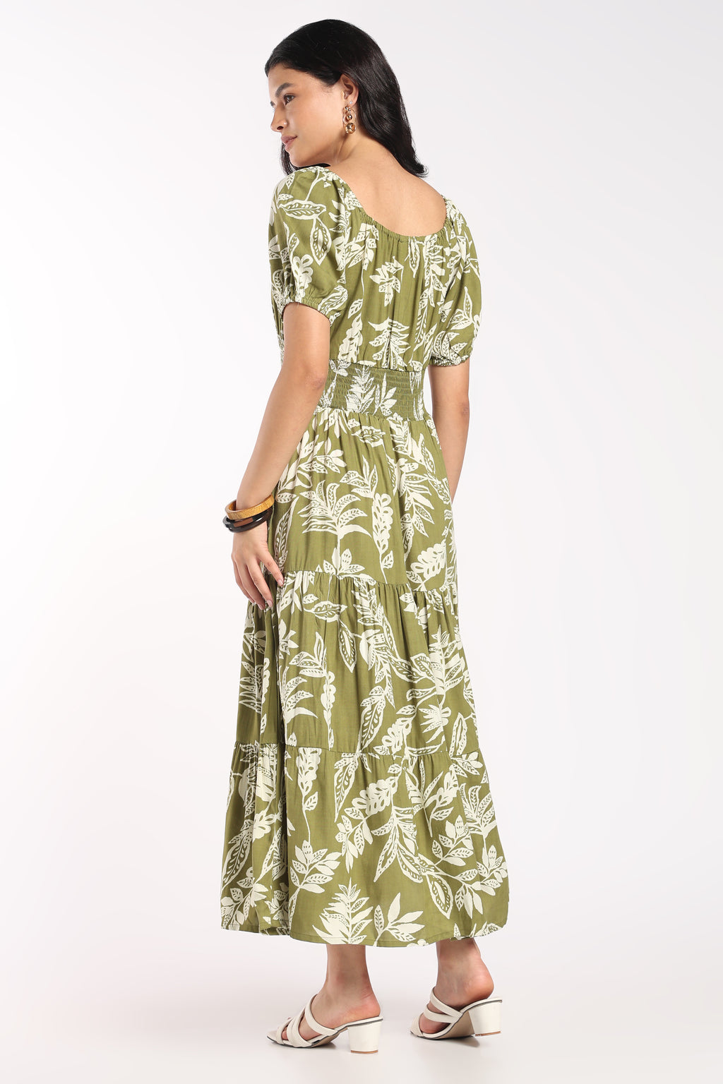 Womens Flared Olive Floral Tiered Dress - Image 5