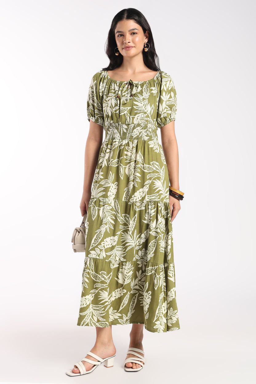 Womens Flared Olive Floral Tiered Dress - Image 6