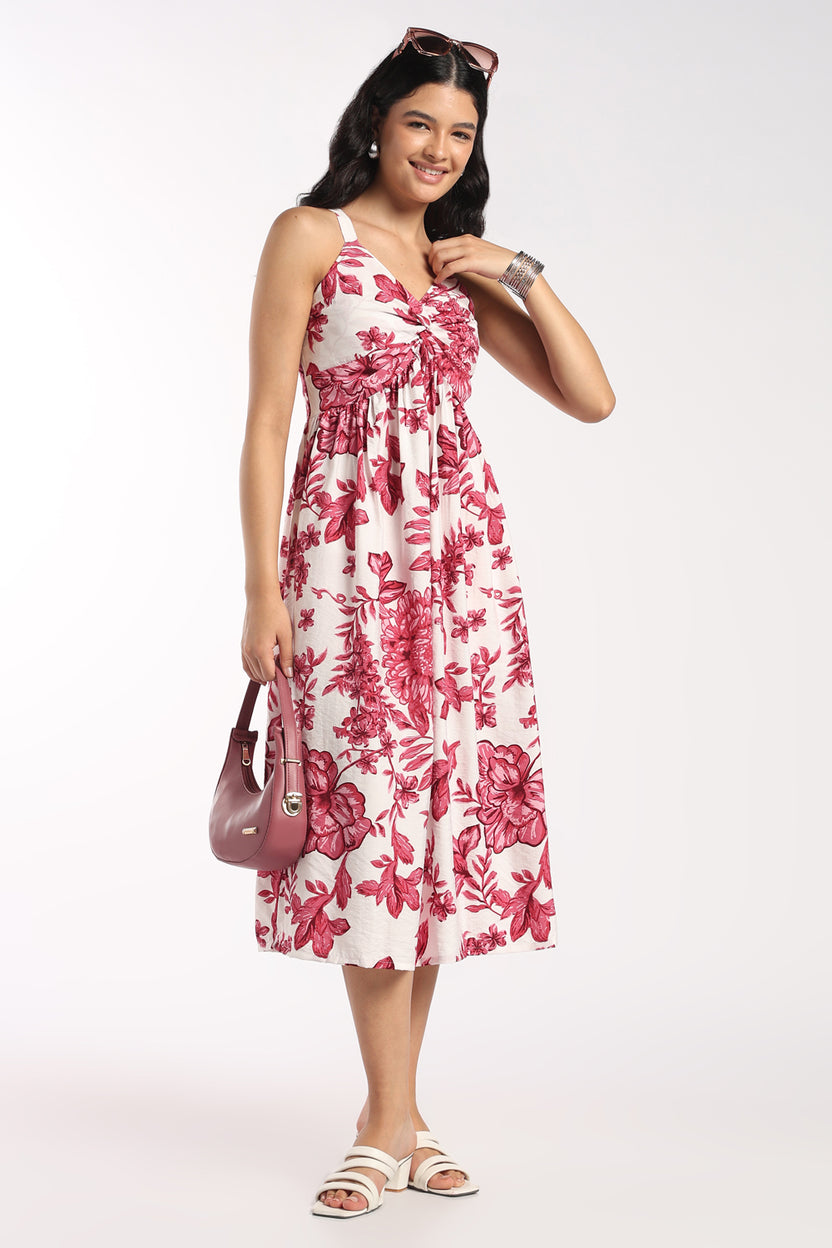 Womens Flared Pink Floral Gathered Midi Dress - Image 1