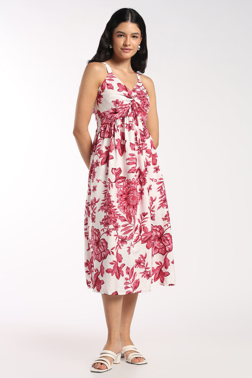 Womens Flared Pink Floral Gathered Midi Dress - Image 2