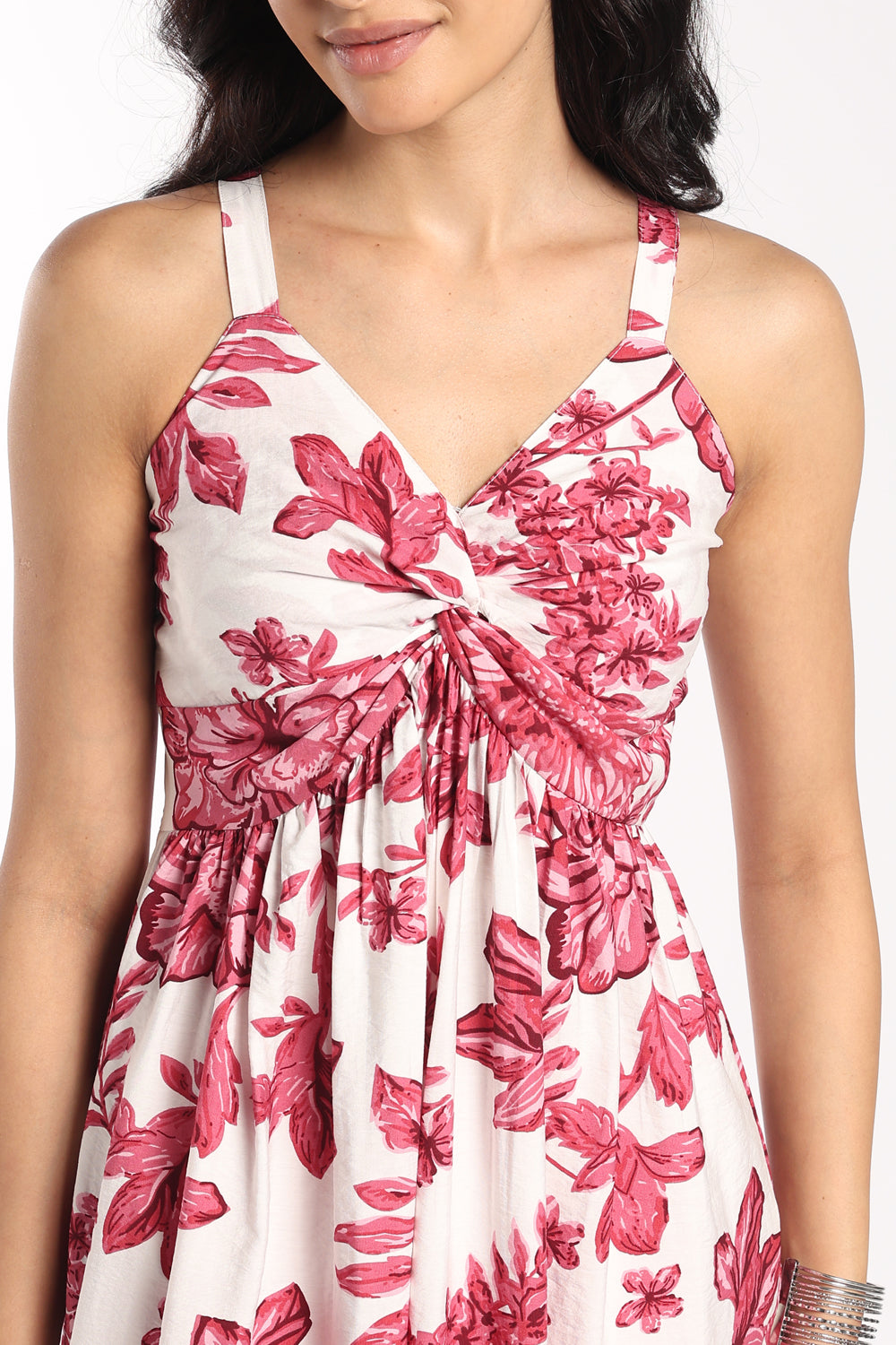 Womens Flared Pink Floral Gathered Midi Dress - Image 3