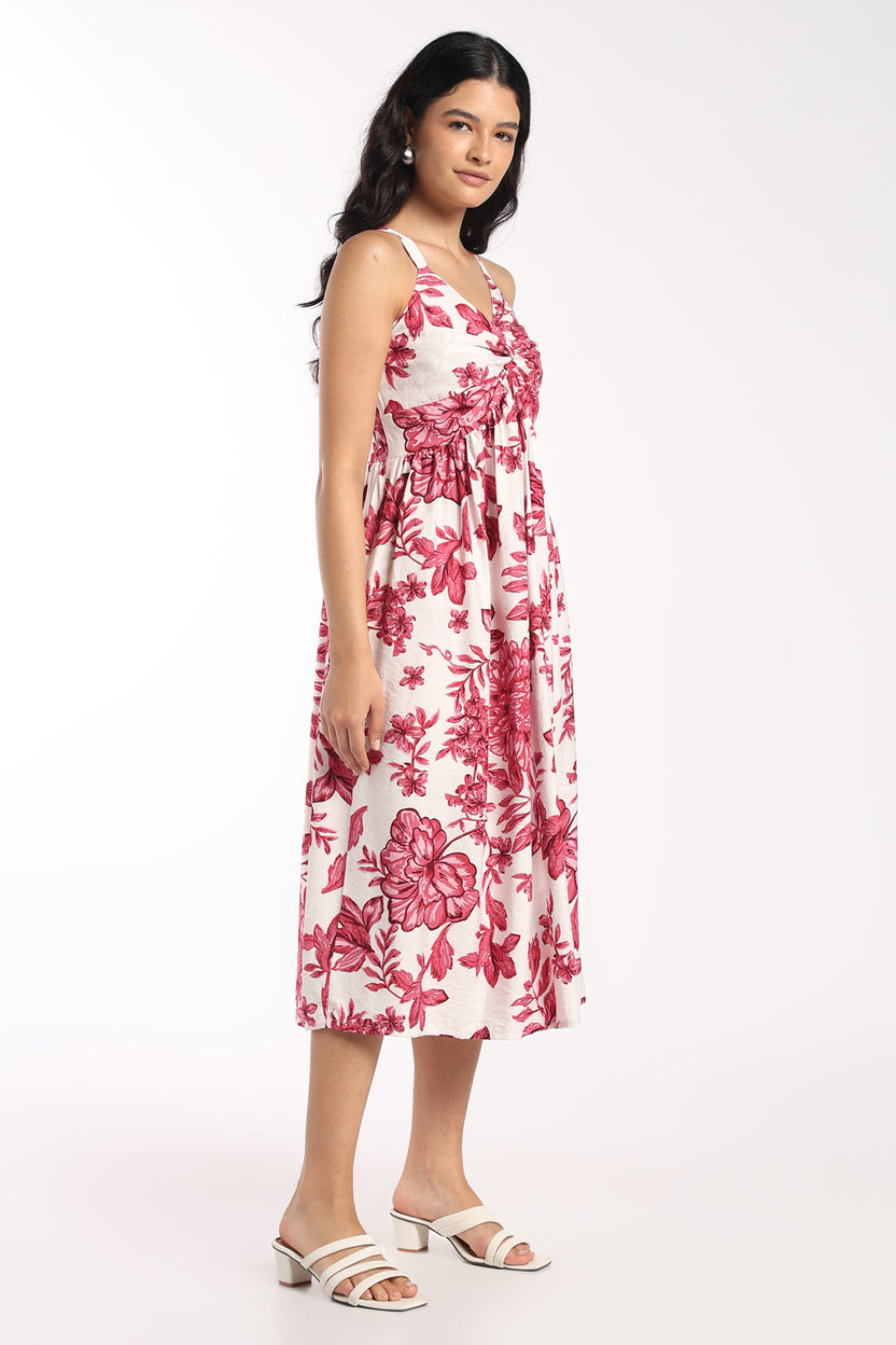 Womens Flared Pink Floral Gathered Midi Dress - Image 4