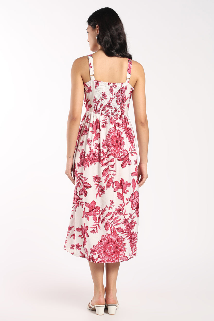 Womens Flared Pink Floral Gathered Midi Dress - Image 5