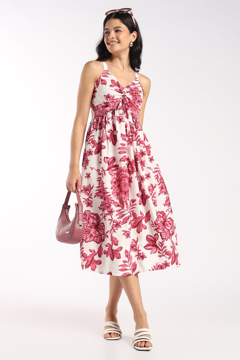 Womens Flared Pink Floral Gathered Midi Dress - Image 6