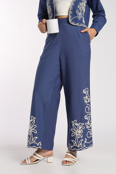 Womens Wide Leg Fit Blue Embroidered Pant