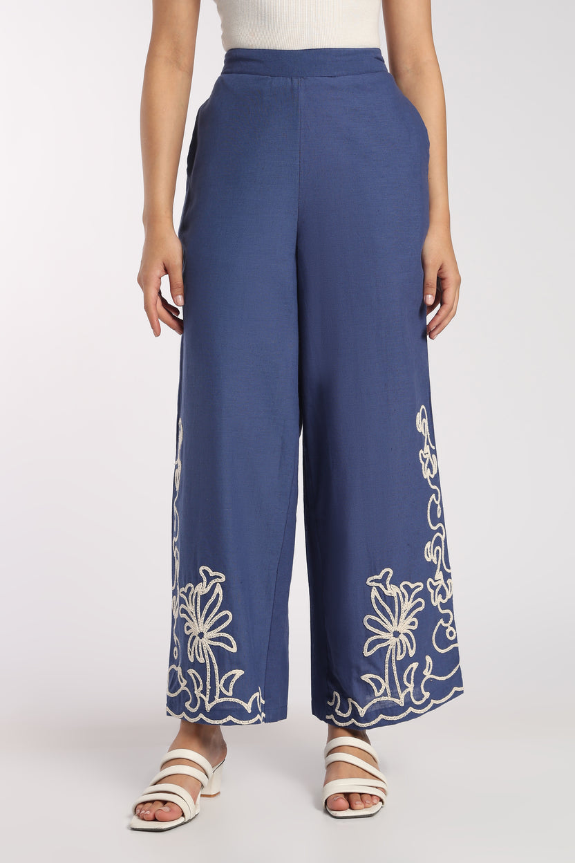Womens Wide Leg Fit Blue Embroidered Pant - Image 2