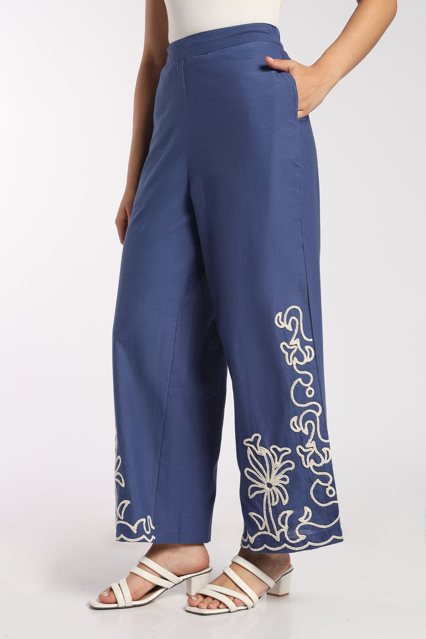 Womens Wide Leg Fit Blue Embroidered Pant - Image 4
