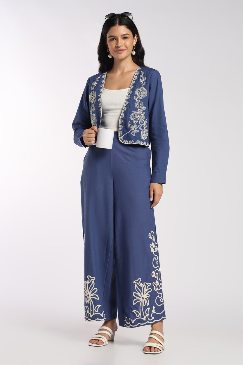 Womens Wide Leg Fit Blue Embroidered Pant - Image 6