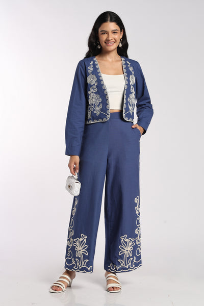 Womens Blue Embroidered Open Front Jacket