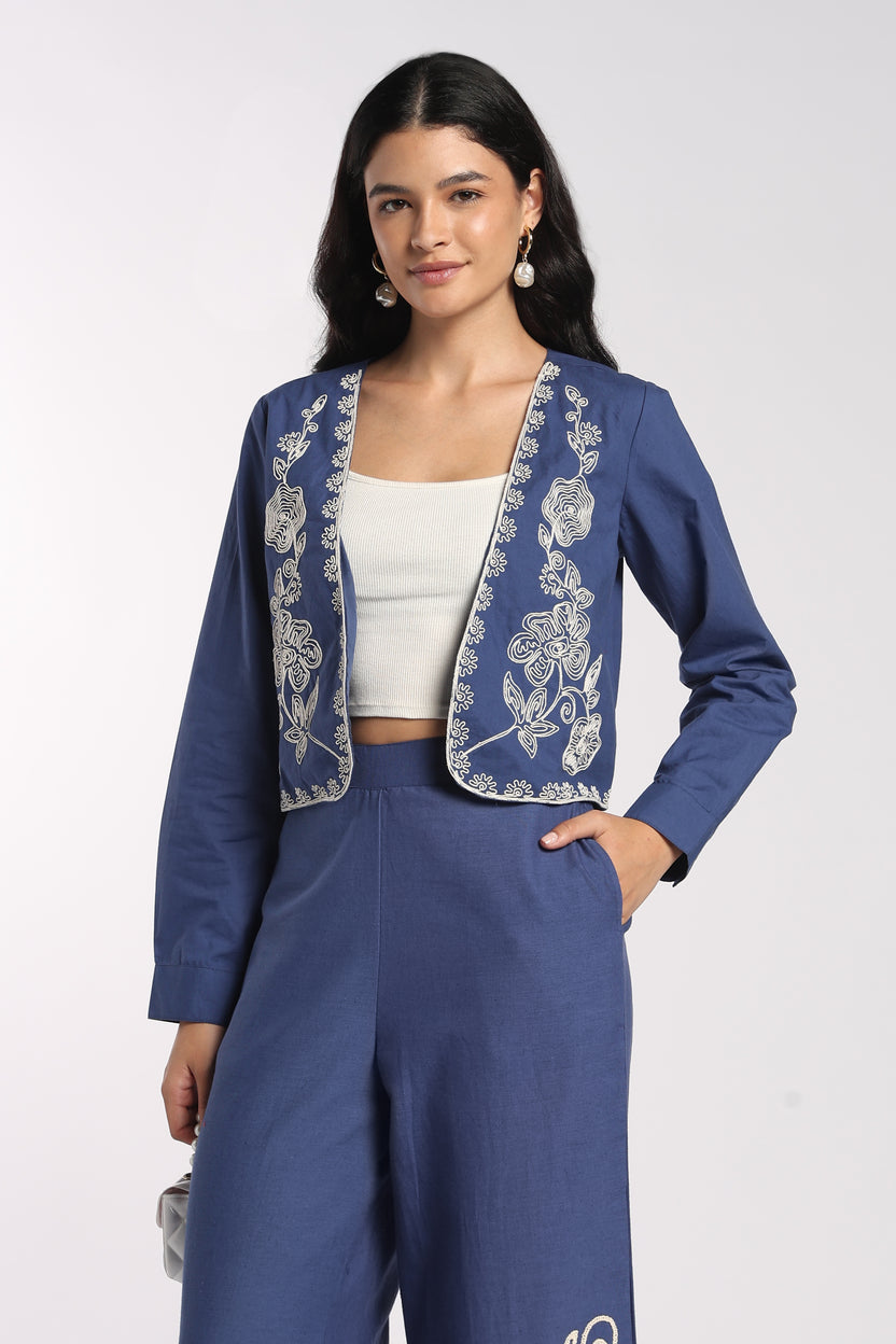 Womens Blue Embroidered Open Front Jacket - Image 2