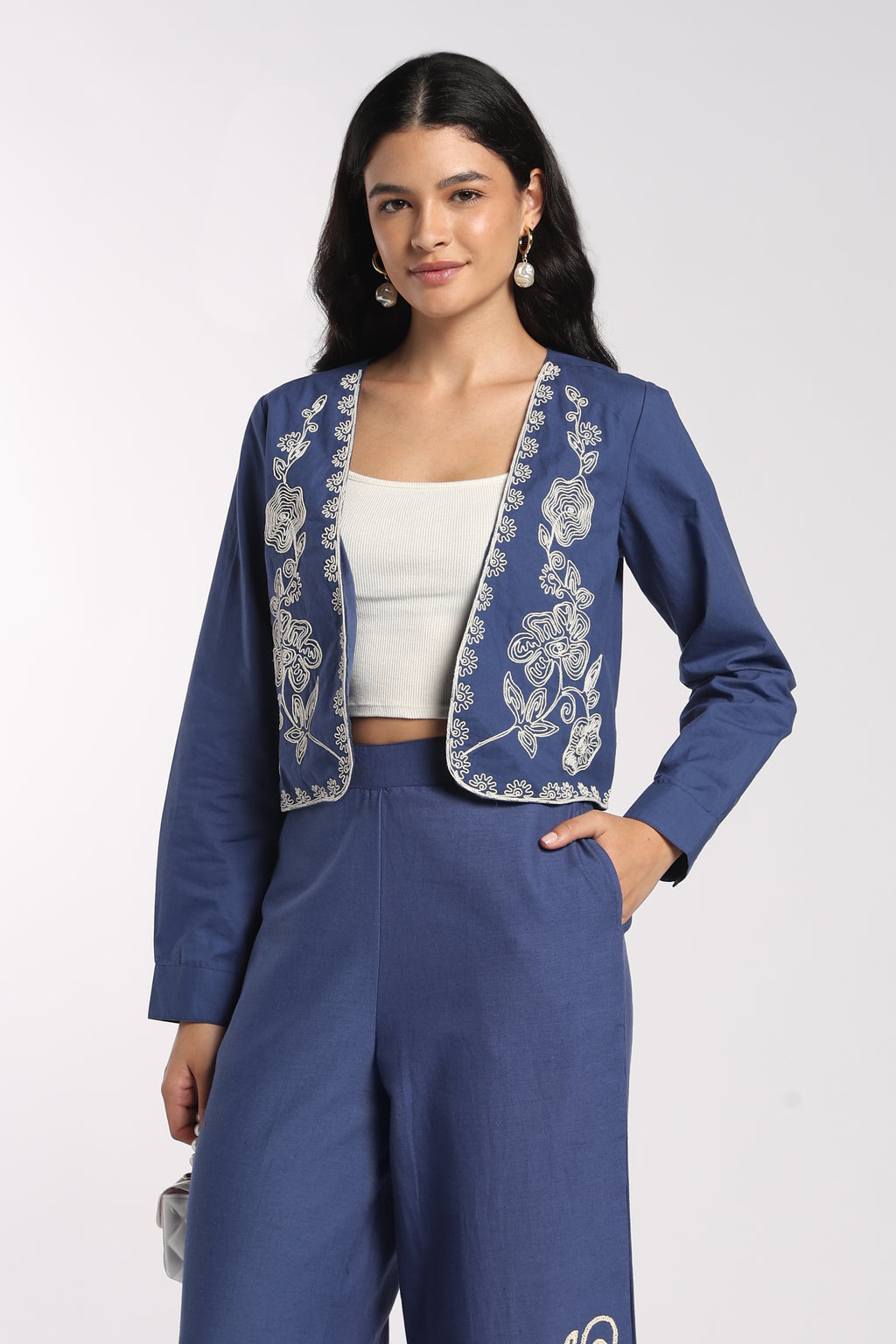 Womens Blue Embroidered Open Front Jacket - Image 2
