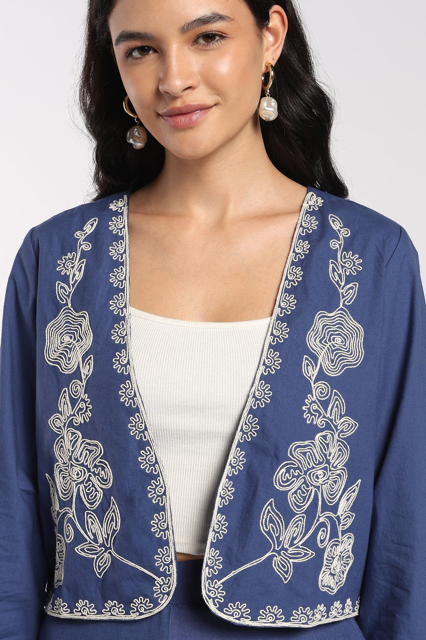 Womens Blue Embroidered Open Front Jacket - Image 3