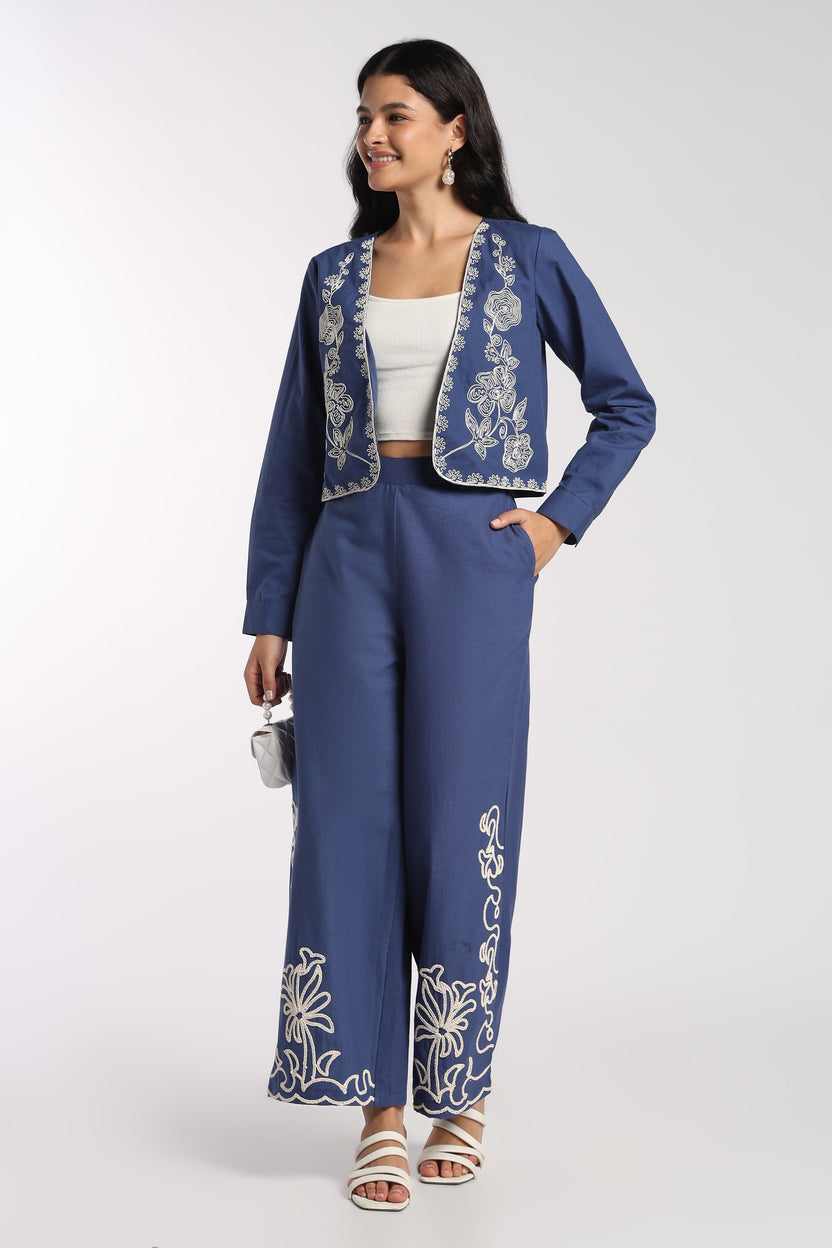 Womens Blue Embroidered Open Front Jacket - Image 6