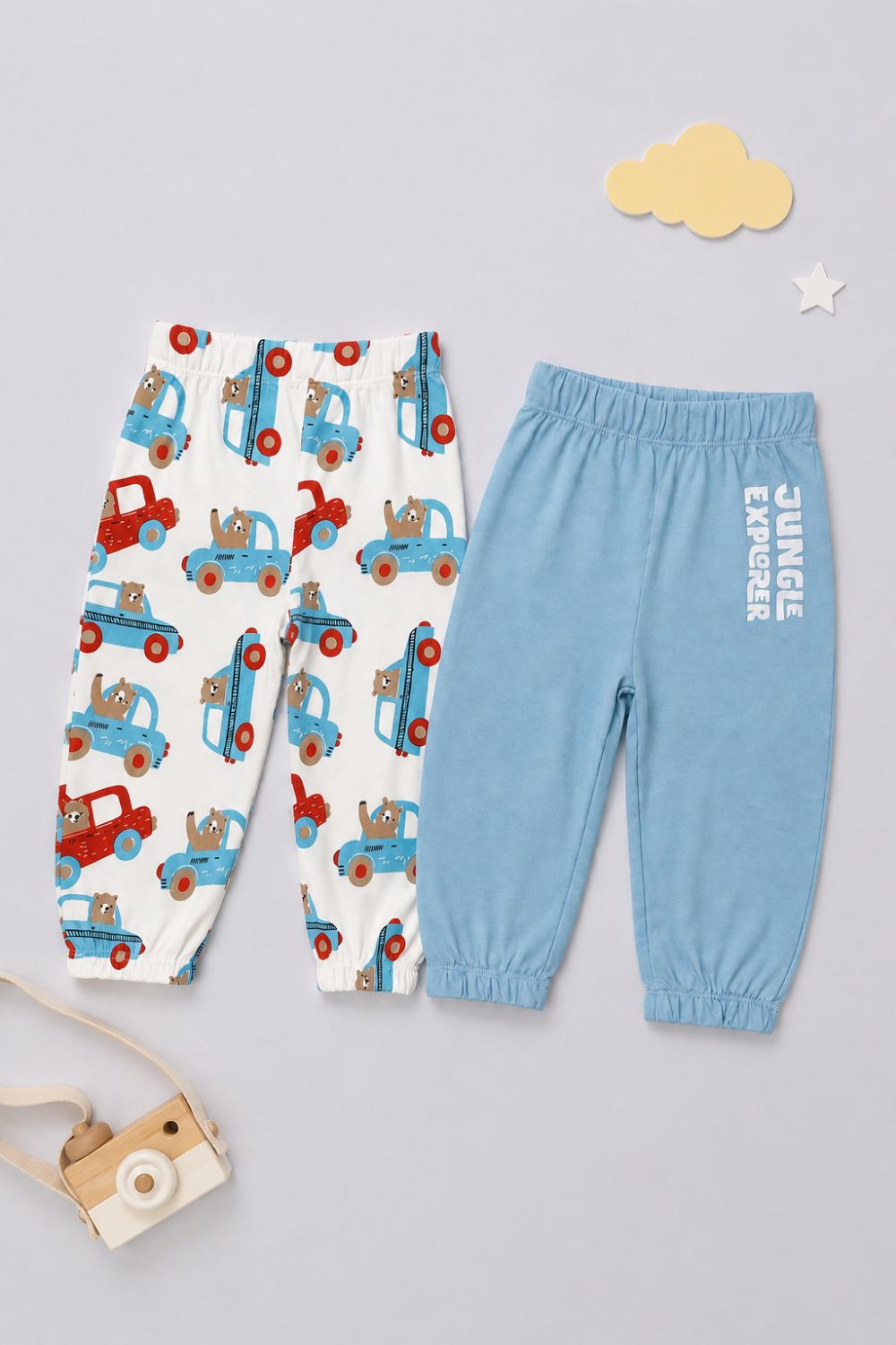 Infant Boys Blue and White Vehicle Printed Joggers - Pack of 2 - Image 1