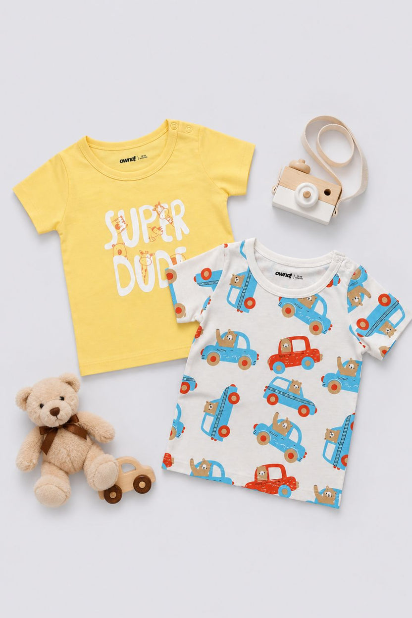 Infant Boys Blue and White Vehicle Printed T-Shirts - Pack of 2 - Image 1