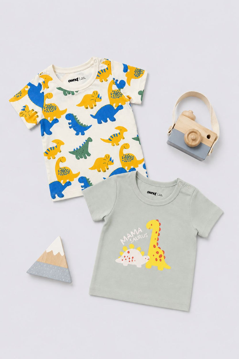 Infant Boys White and Green Dinosaur Print T-Shirts - Pack of 2 - Image 1