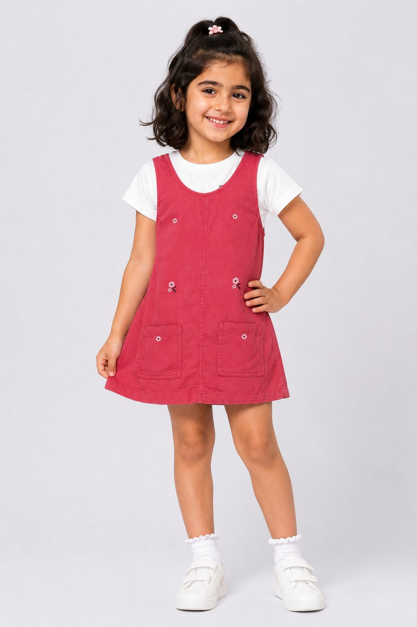 Girls Red Embroidered Floral Pinafore Dungarees and T-Shirt - Image 1