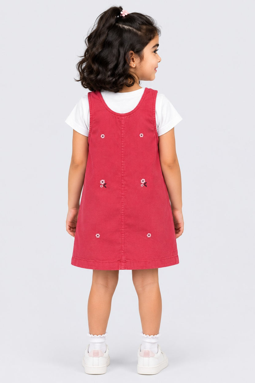 Girls Red Embroidered Floral Pinafore Dungarees and T-Shirt - Image 3
