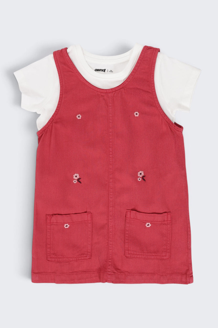 Girls Red Embroidered Floral Pinafore Dungarees and T-Shirt - Image 4