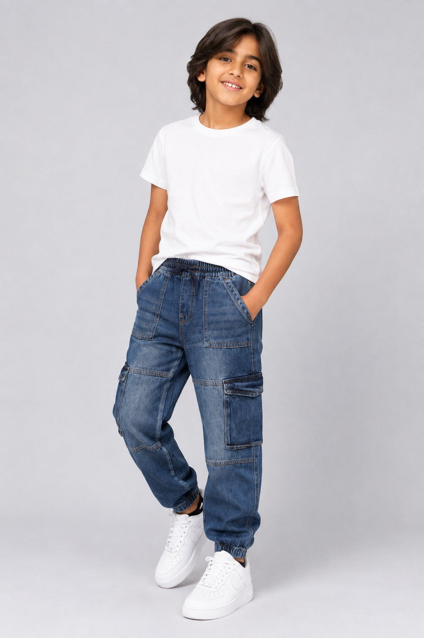 Tweens Boys Jogger Fit Blue Cargo Jeans - Image 1