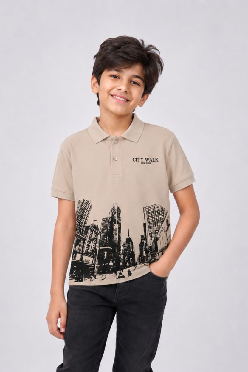 Tweens Boys Regular Fit Beige City Print T-Shirt - Image 1