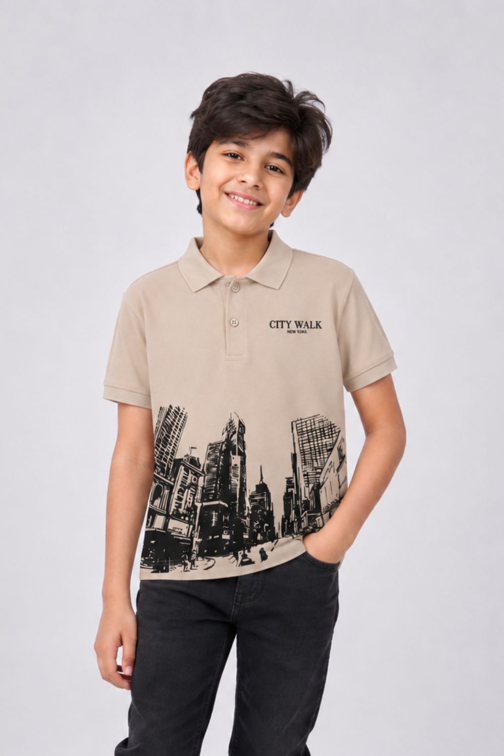 Tweens Boys Regular Fit Beige City Print T-Shirt - Image 1