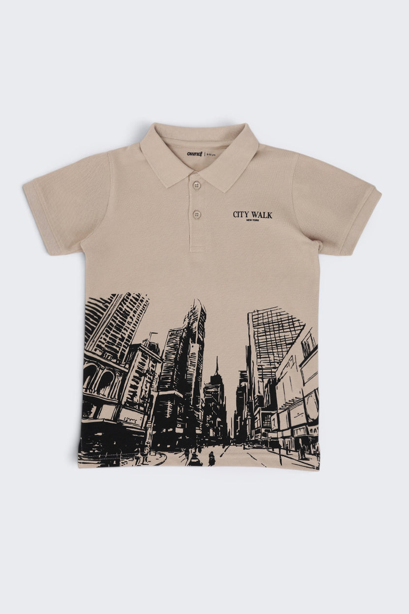 Tweens Boys Regular Fit Beige City Print T-Shirt - Image 2