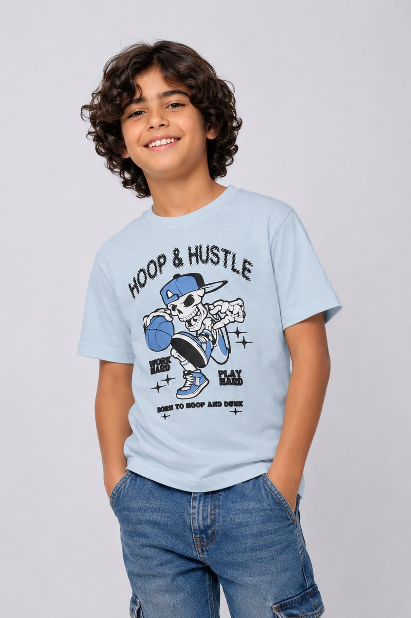 Tweens Boys Light Blue Basketball Graphic Printed T-Shirt - Image 1
