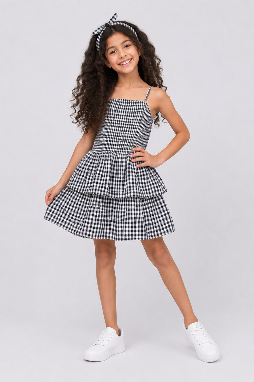 Tweens Girls Black Gingham Tiered Sleeveless Dress - Image 1