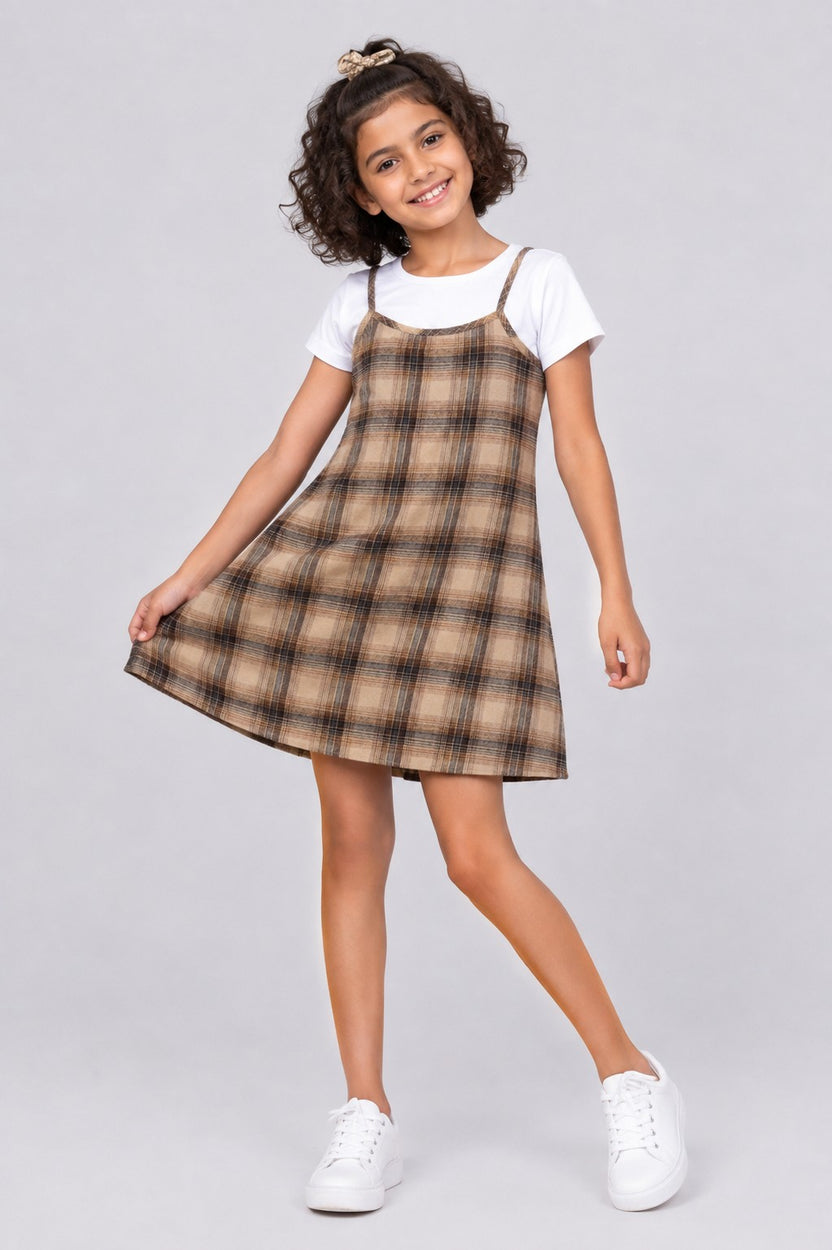 Tweens Girls Brown Checked Layered Pinafore Dress and T-Shirt - Image 1