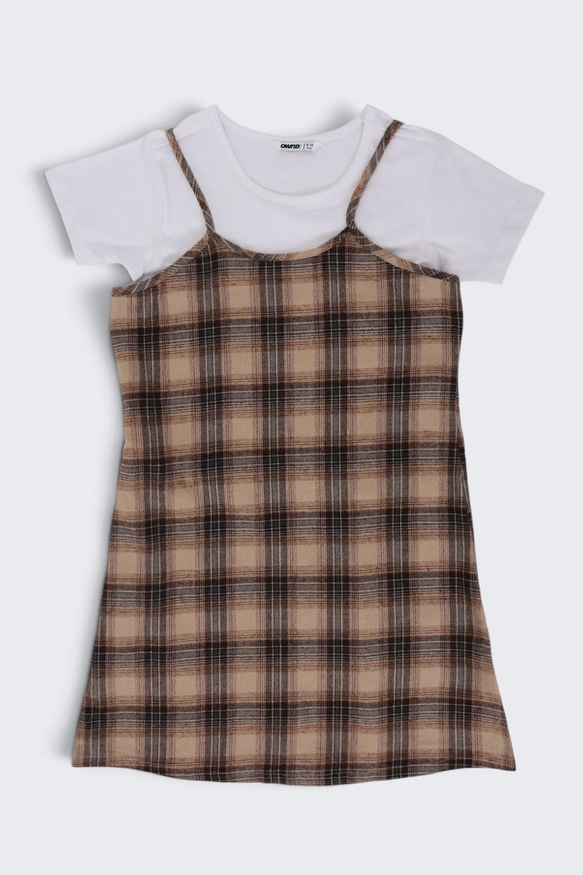 Tweens Girls Brown Checked Layered Pinafore Dress and T-Shirt - Image 2