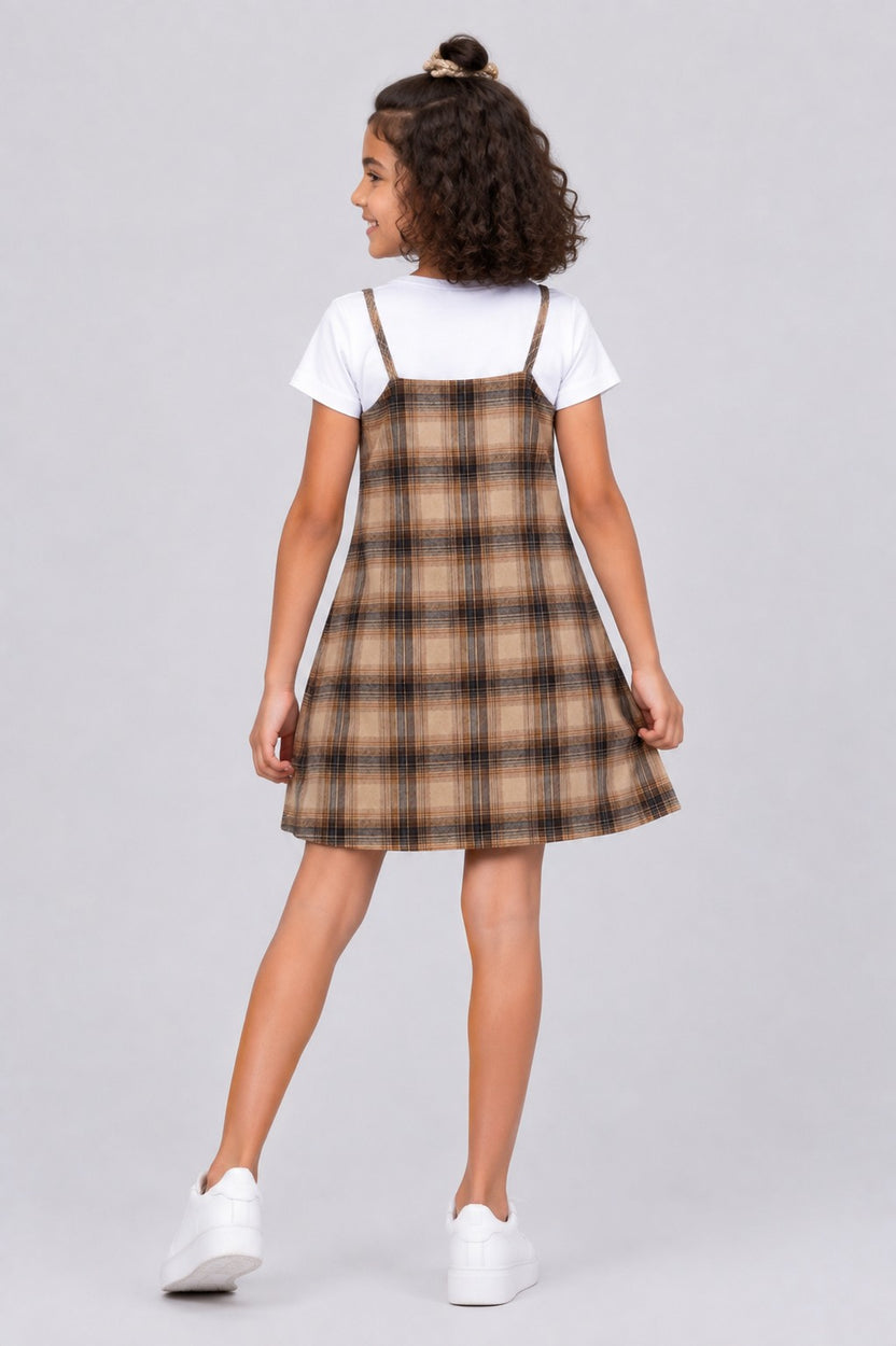 Tweens Girls Brown Checked Layered Pinafore Dress and T-Shirt - Image 3