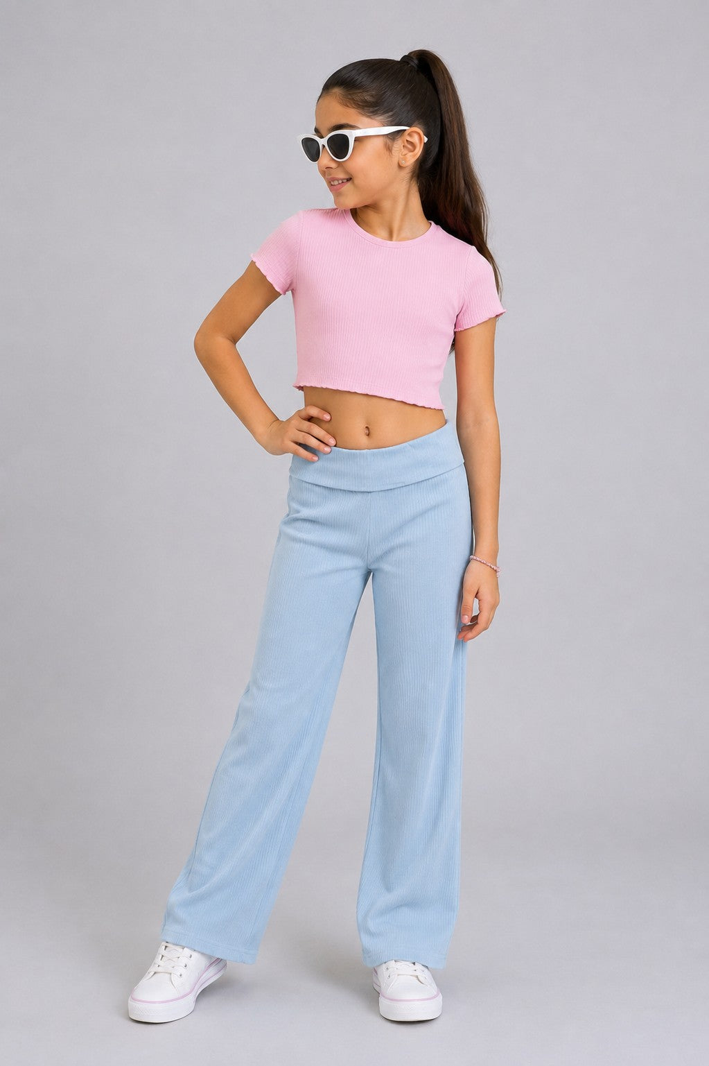 Tweens Girls Light Blue Ribbed Wide Leg Jogger - Image 1