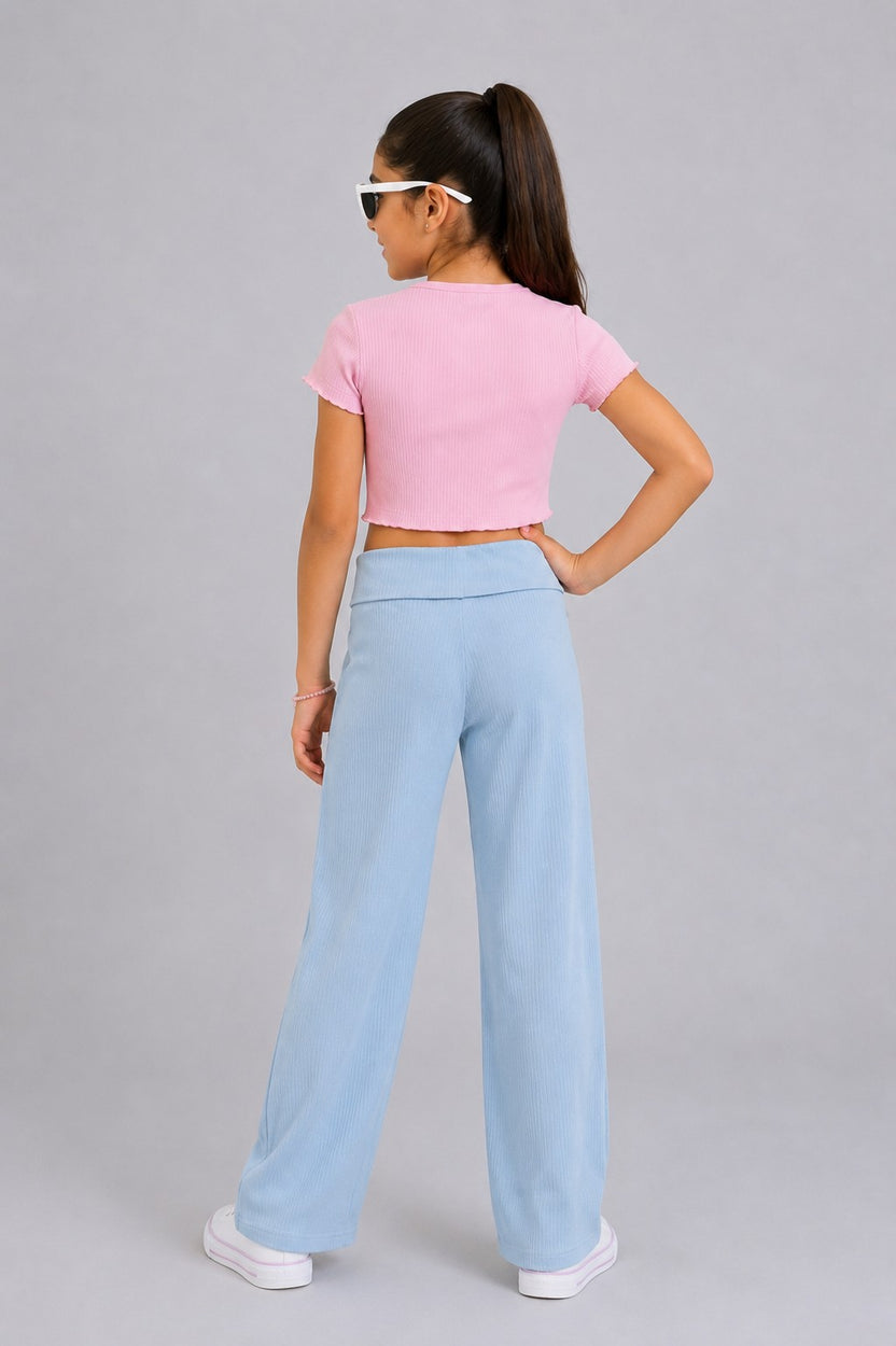 Tweens Girls Light Blue Ribbed Wide Leg Jogger - Image 3