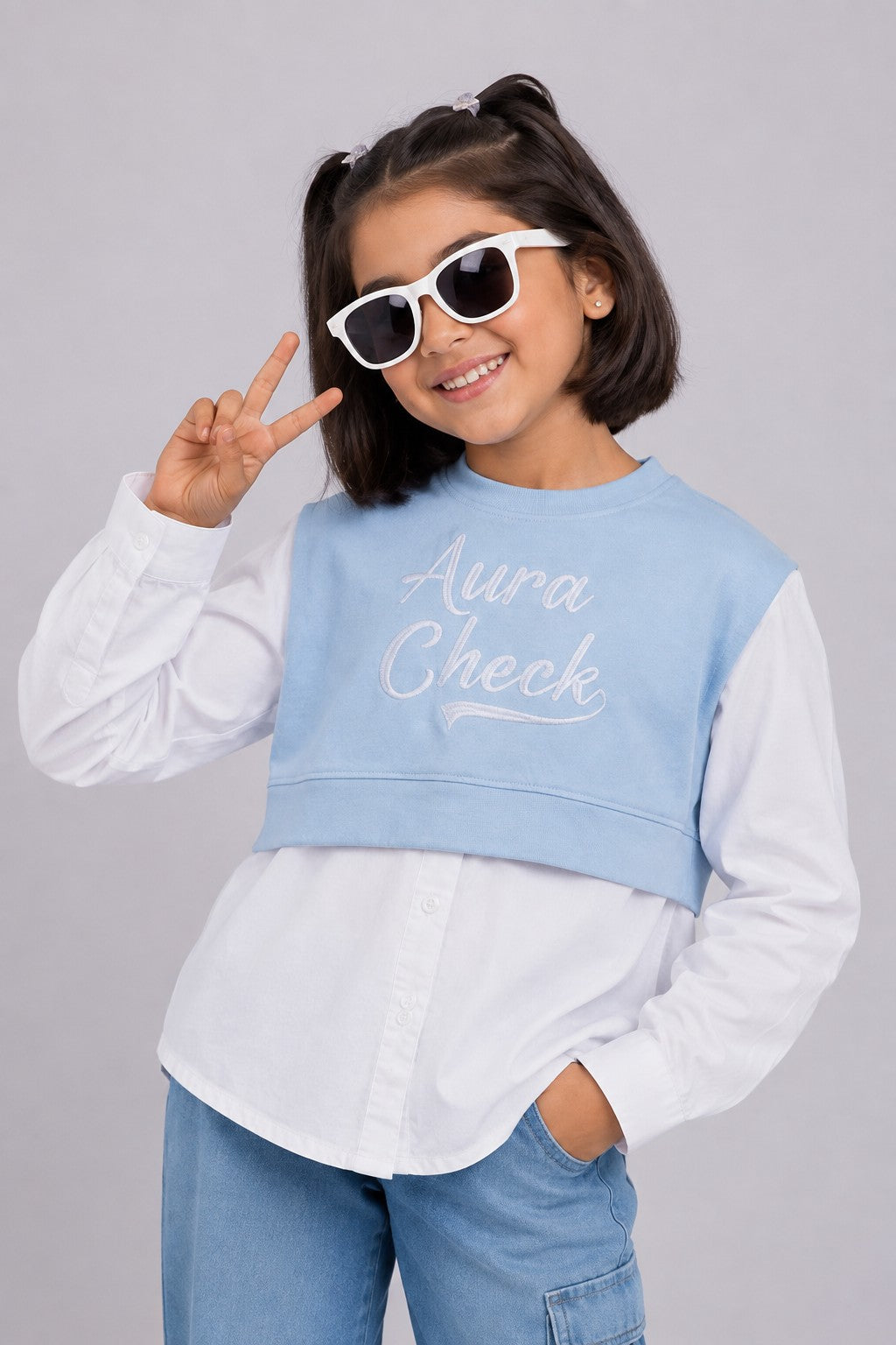 Tweens Girls Light Blue Layered Shirt Style Sweatshirt - Image 1