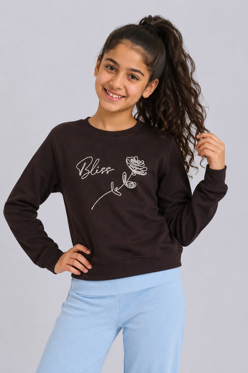 Tweens Girls Brown Bliss Embroidered Graphic Sweatshirt - Image 1