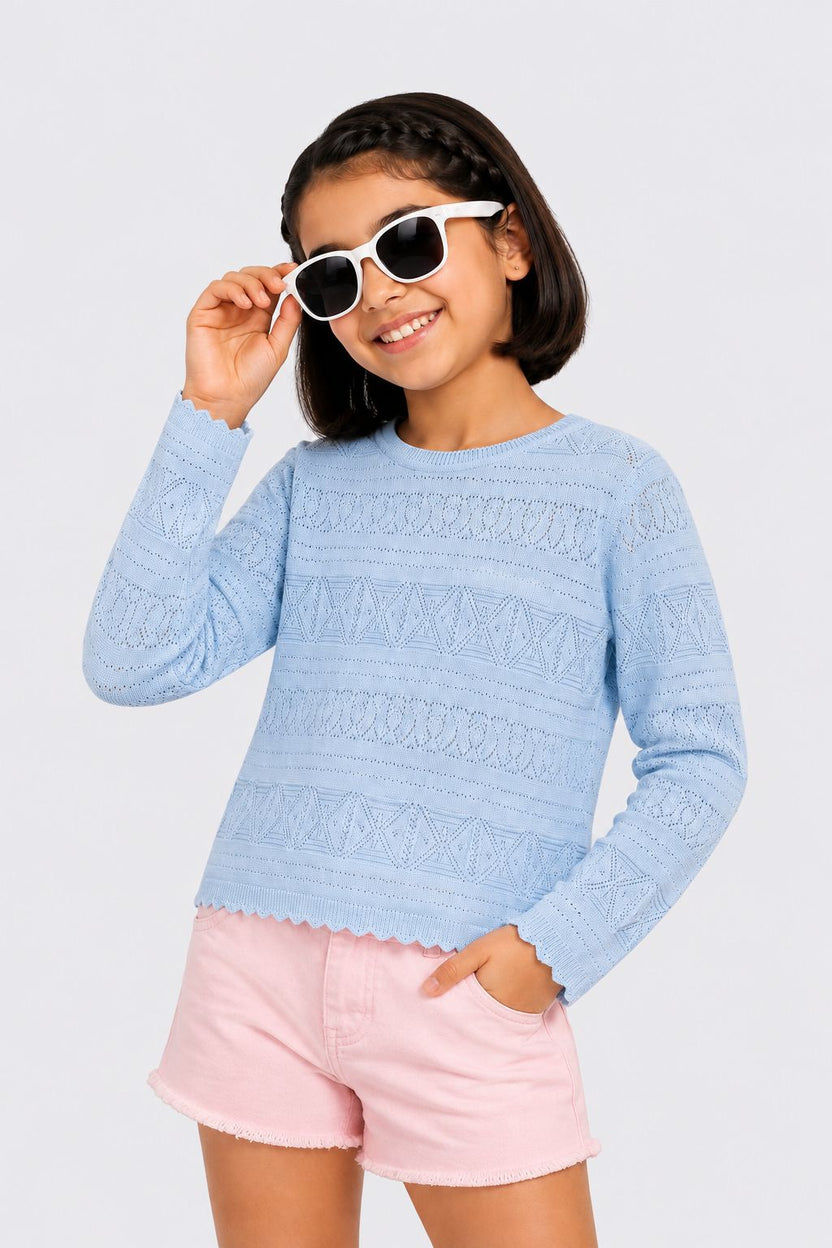 Tweens Girls Blue Pointelle Sweater - Image 1