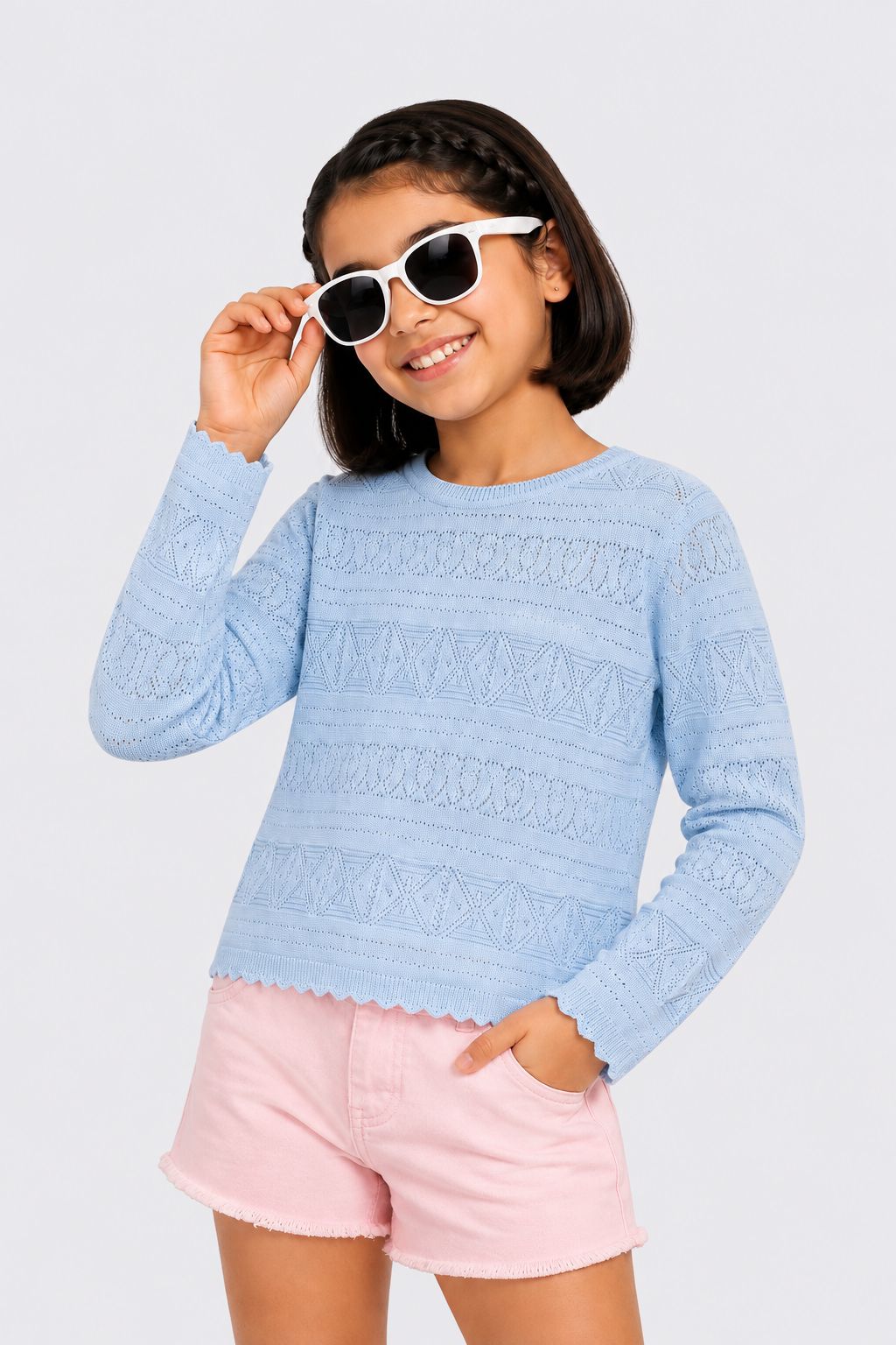 Tweens Girls Blue Pointelle Sweater - Image 1